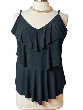 Womens M Swim Tankini Black Layered Ruffle Shelf Bra Flowing Preppy Swimsuit Top